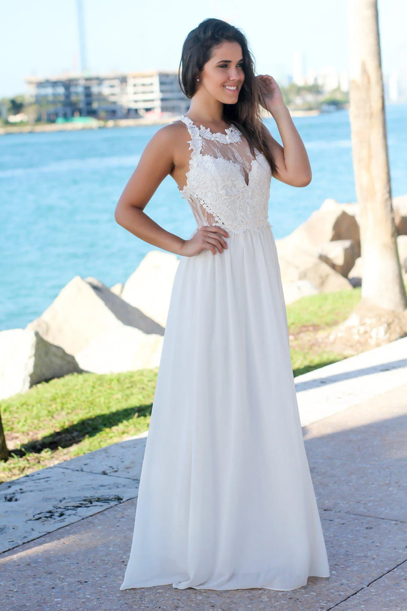 Ivory Maxi Dress with Lace Top