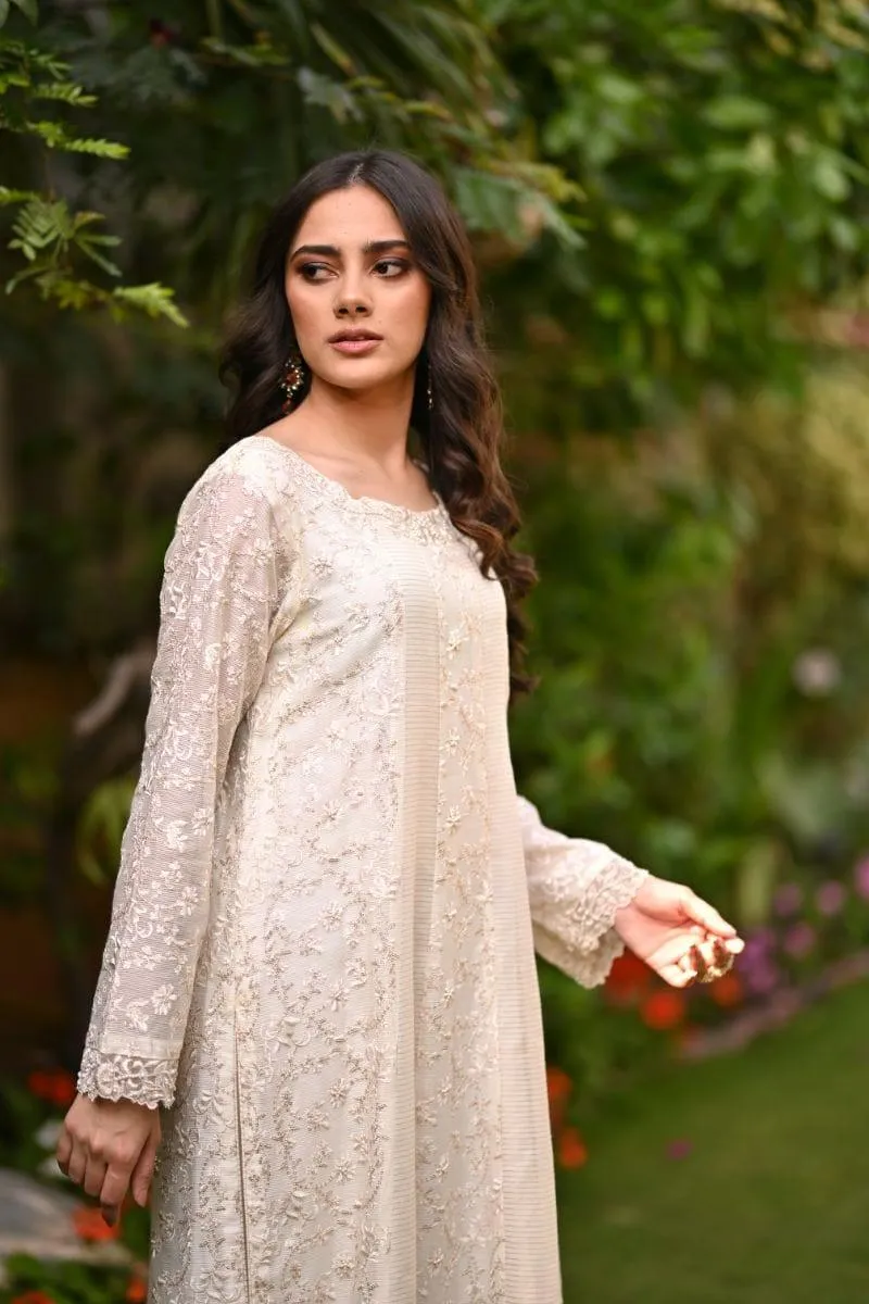 Khayal BY SHAISTA HASSAN - Off-white embroidered jaal net kalidar with pearls and sequins - 3 Piece