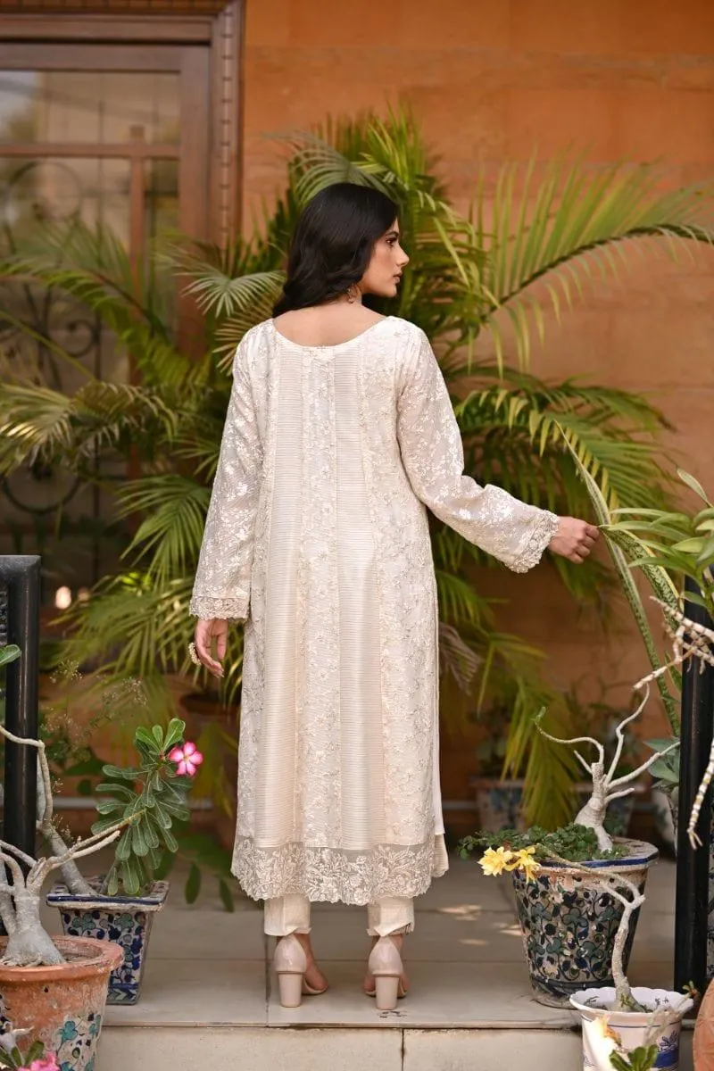 Khayal BY SHAISTA HASSAN - Off-white embroidered jaal net kalidar with pearls and sequins - 3 Piece