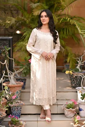 Khayal BY SHAISTA HASSAN - Off-white embroidered jaal net kalidar with pearls and sequins - 3 Piece