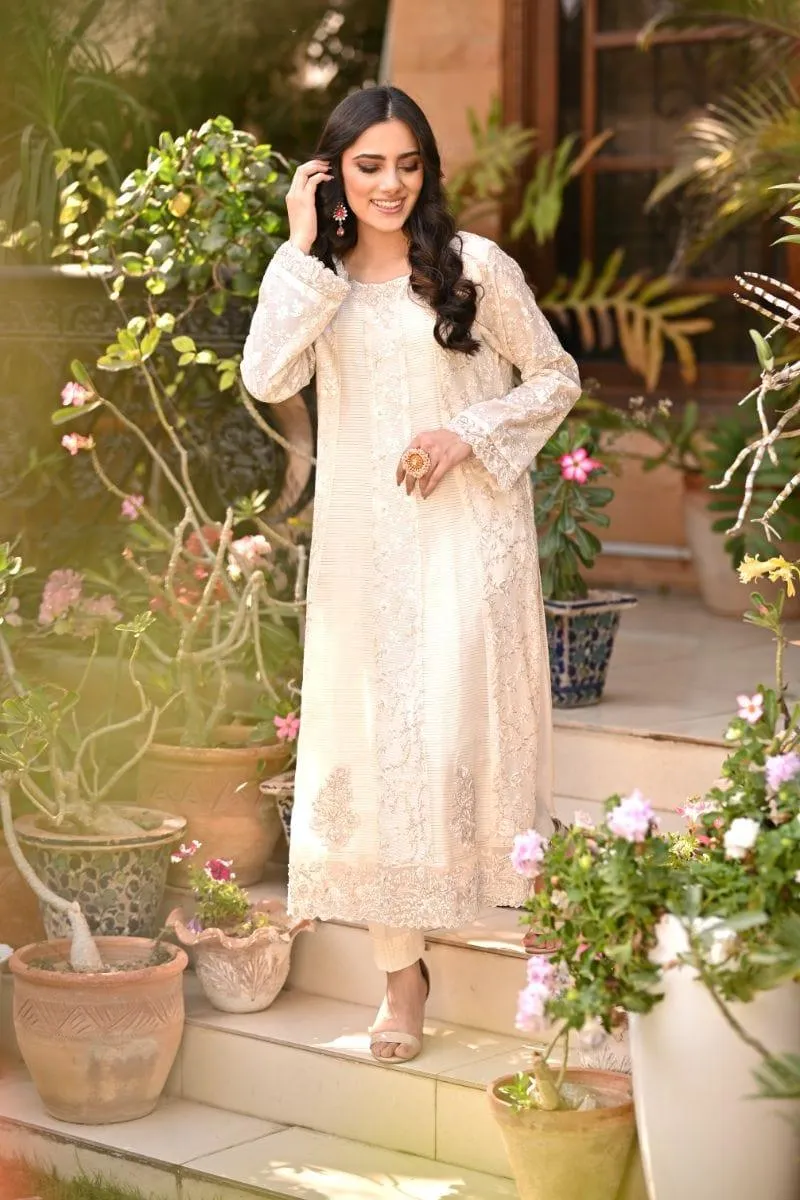 Khayal BY SHAISTA HASSAN - Off-white embroidered jaal net kalidar with pearls and sequins - 3 Piece