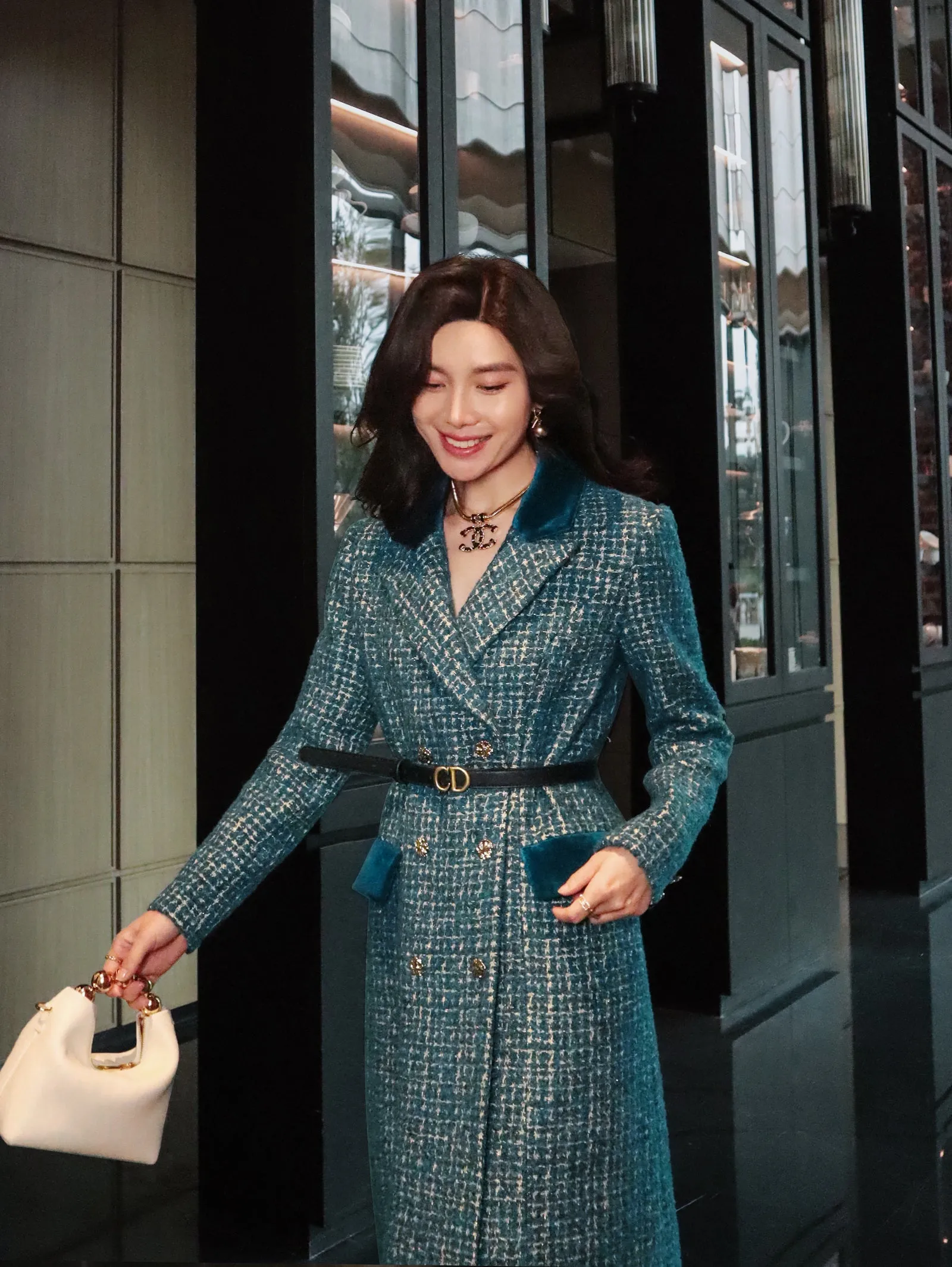 Lady's luxury high-end retro big peacock blue splicing bright silk design wool long coat- Jessy