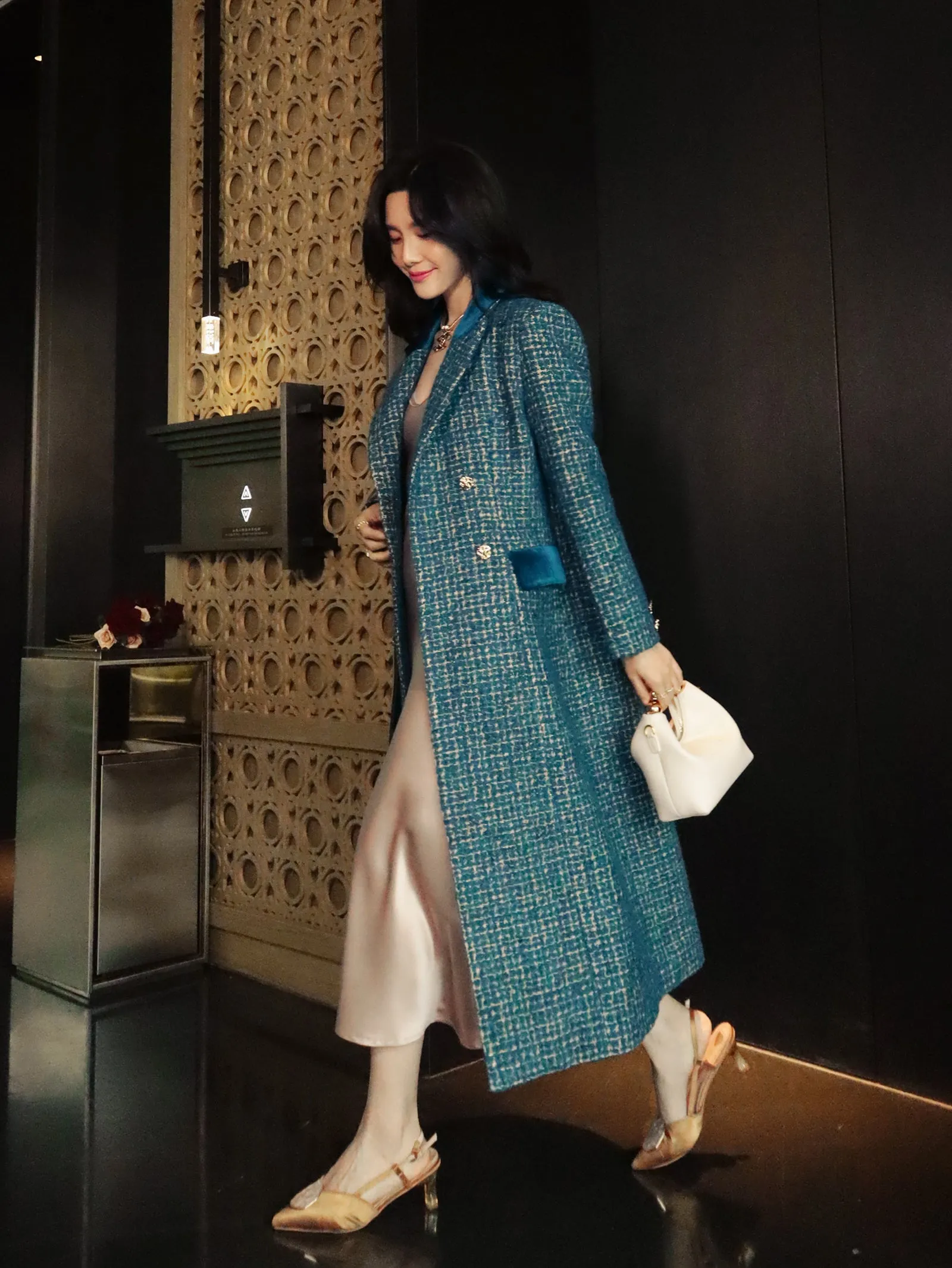 Lady's luxury high-end retro big peacock blue splicing bright silk design wool long coat- Jessy