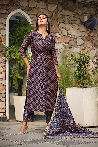 Leriya Fashion Kurta Set with Dupatta for Women | Women Kurta | Women Kurta Sets with Plazo | Women Kurta Pant Set with Dupatta | Women Kurta Pant Set Women Kurti Set with Pant (X-Large, Blue)