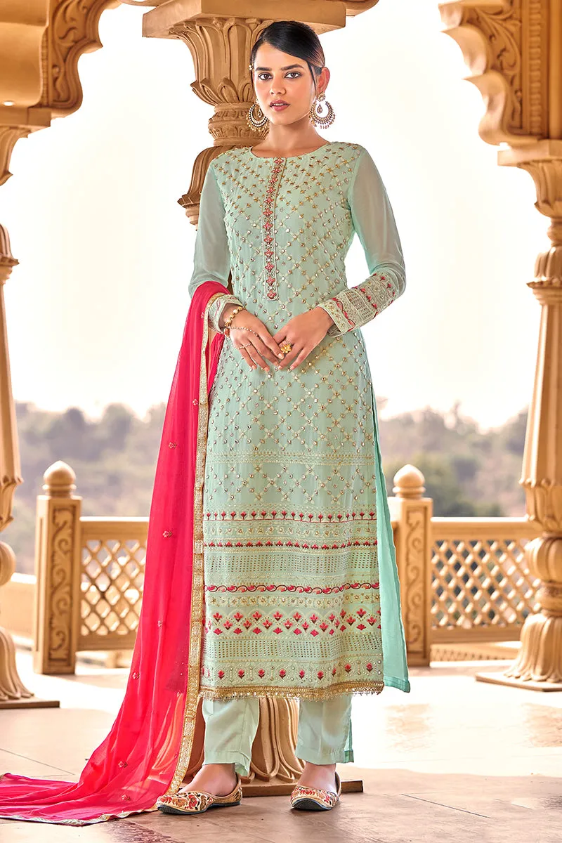 Light Blue Georgette Viscose Embroidered Salwar Suit