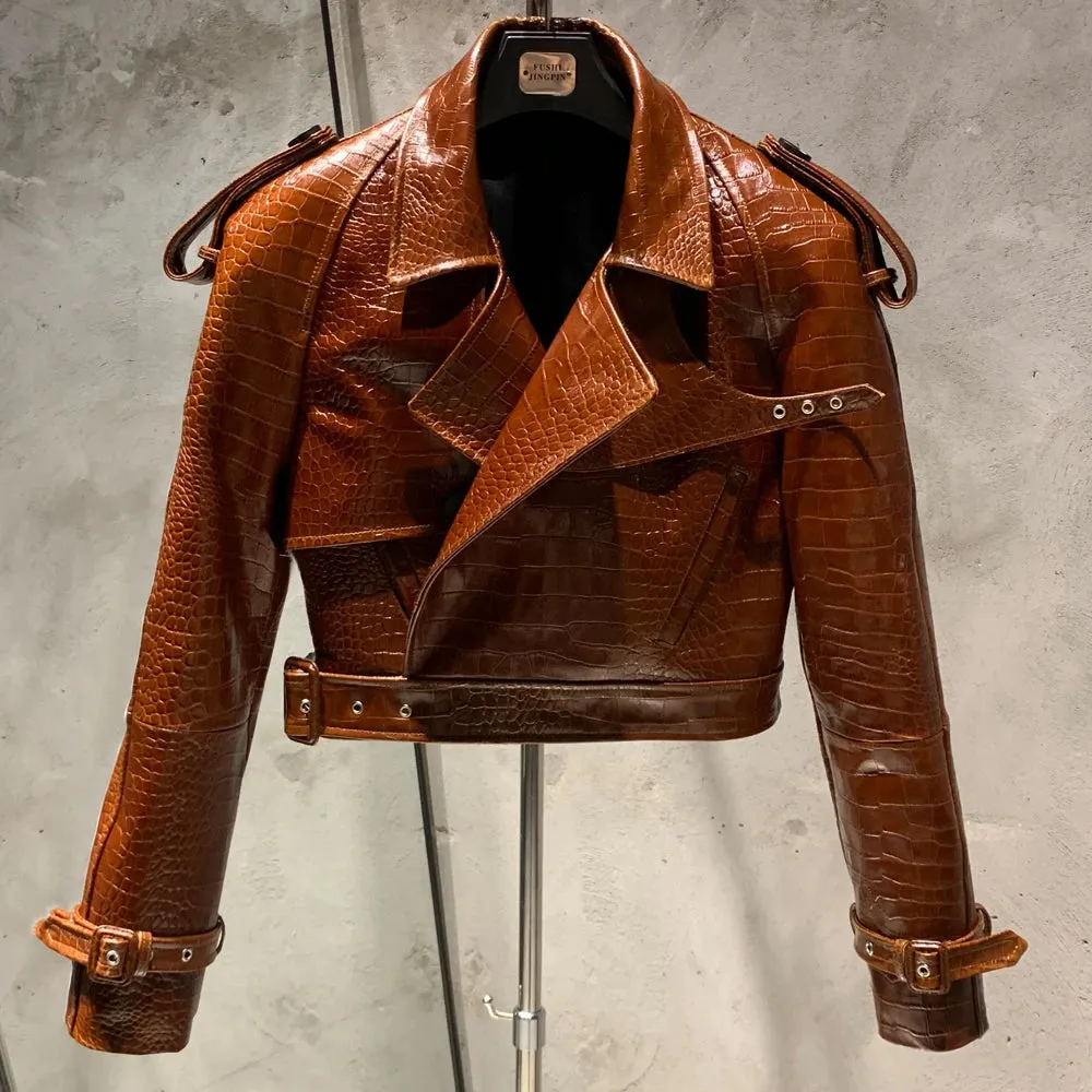 Luxury Women's Genuine Leather Belted Moto Jacket