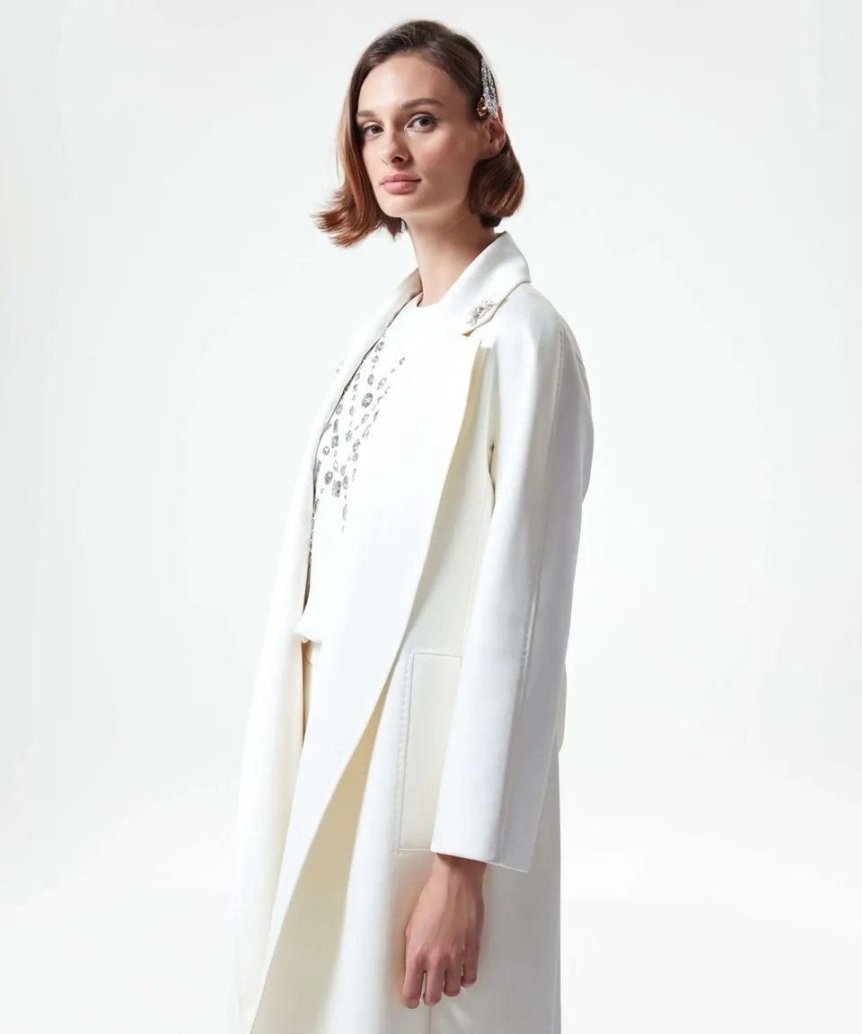 Machka Embellished Collar Long Solid Trench Coat Off White