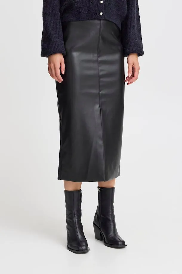 Madeline Faux Leather Midi Skirt (Black)