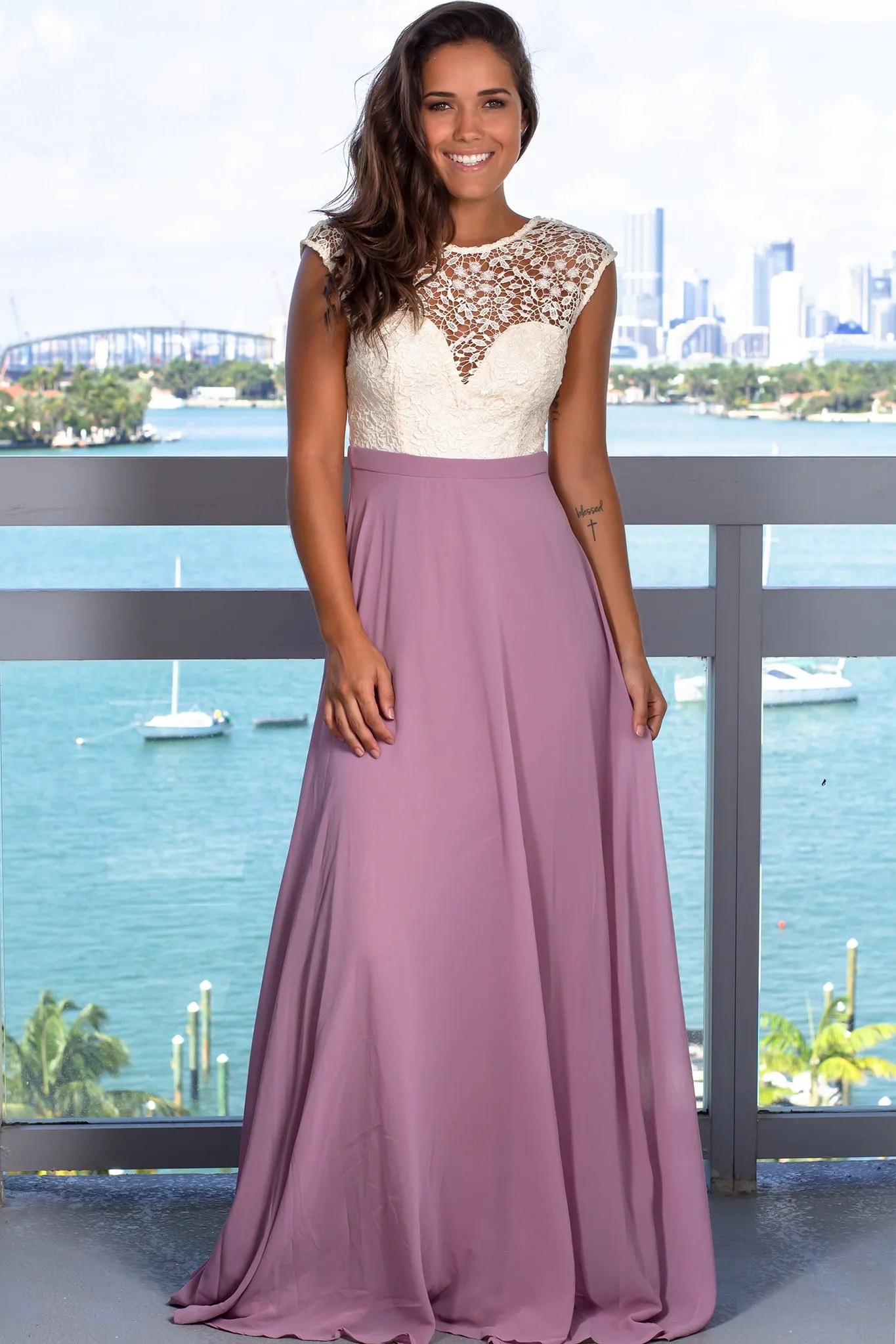 Mauve Maxi Dress with Crochet Top