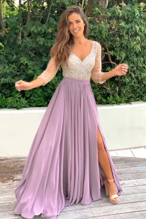 Mauve Maxi Dress with Silver Jewels and 3/4 Sleeves