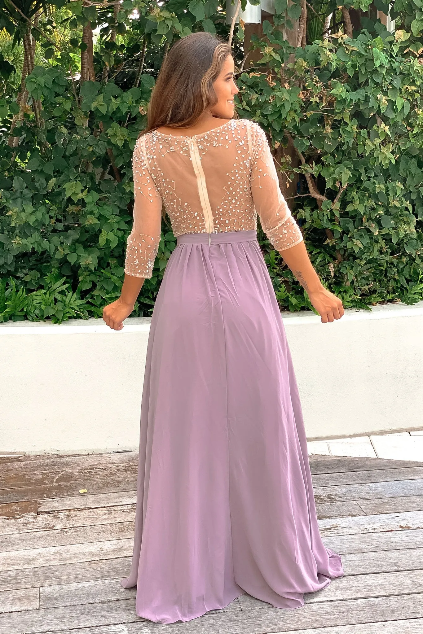 Mauve Maxi Dress with Silver Jewels and 3/4 Sleeves