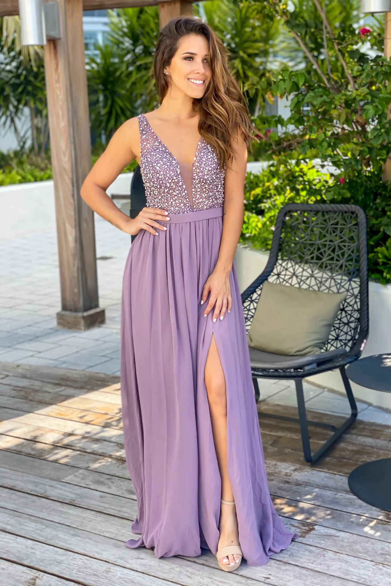 Mauve Sequin Top Maxi Dress with Side Slit