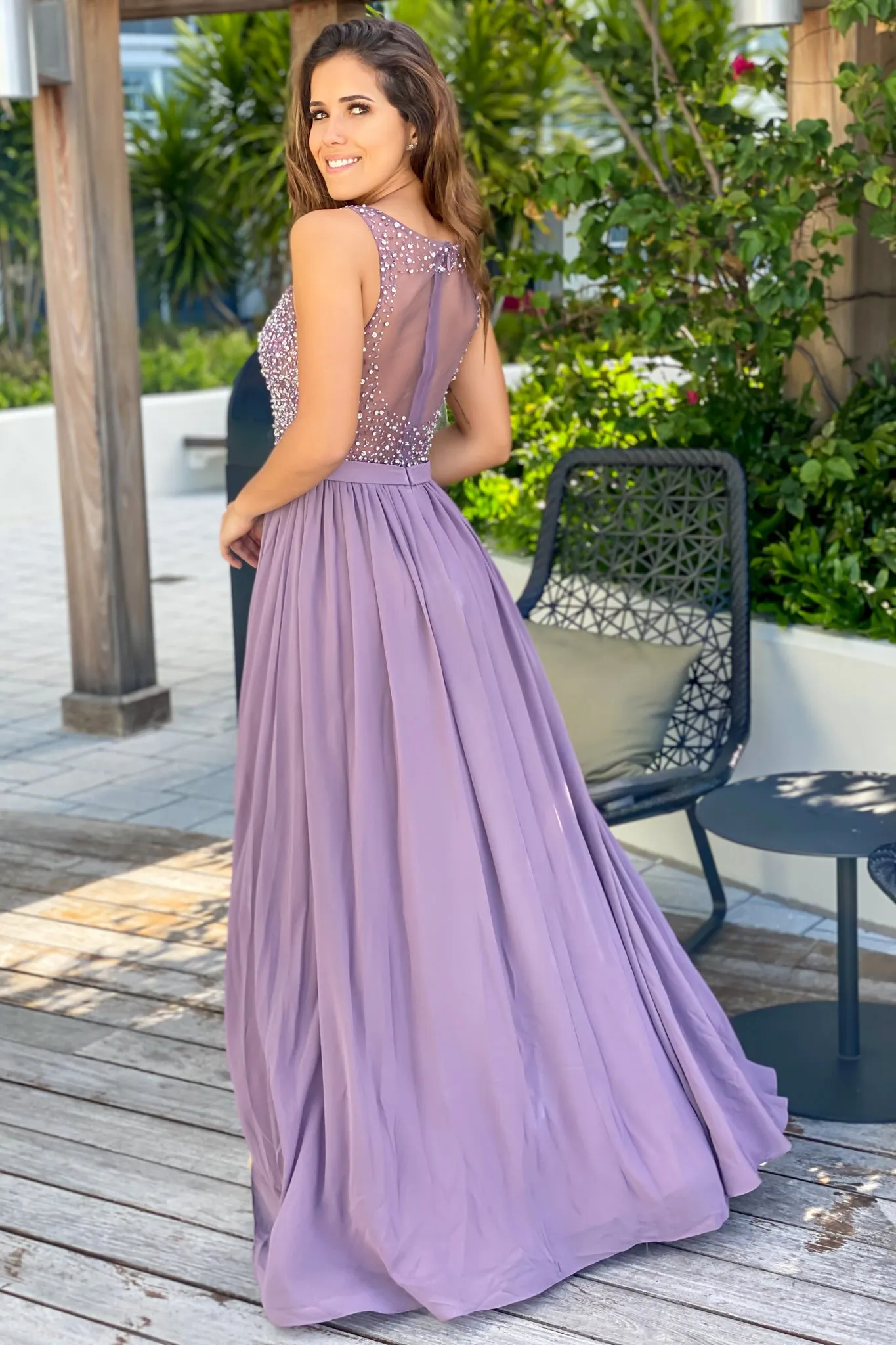 Mauve Sequin Top Maxi Dress with Side Slit