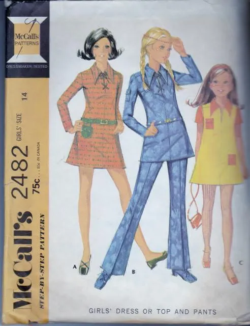 McCall's 2482 Girls Dress Top Bell Bottom Pants Side Zipper Opening Vintage 1970's Sewing Pattern