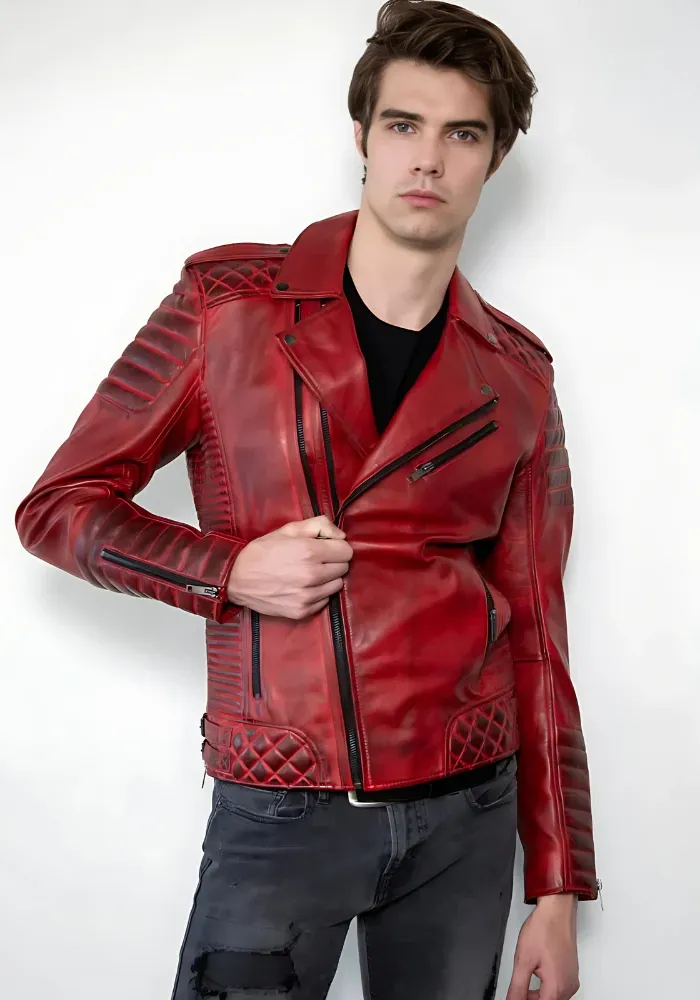 Men Classic Biker Motorcycle Cafe Racer Sheep Leather Jacket