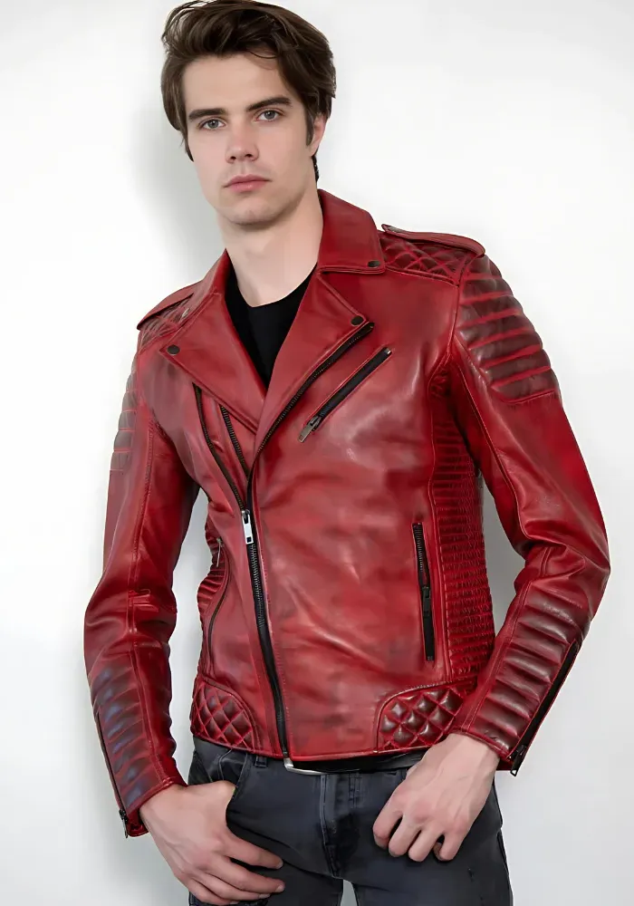 Men Classic Biker Motorcycle Cafe Racer Sheep Leather Jacket