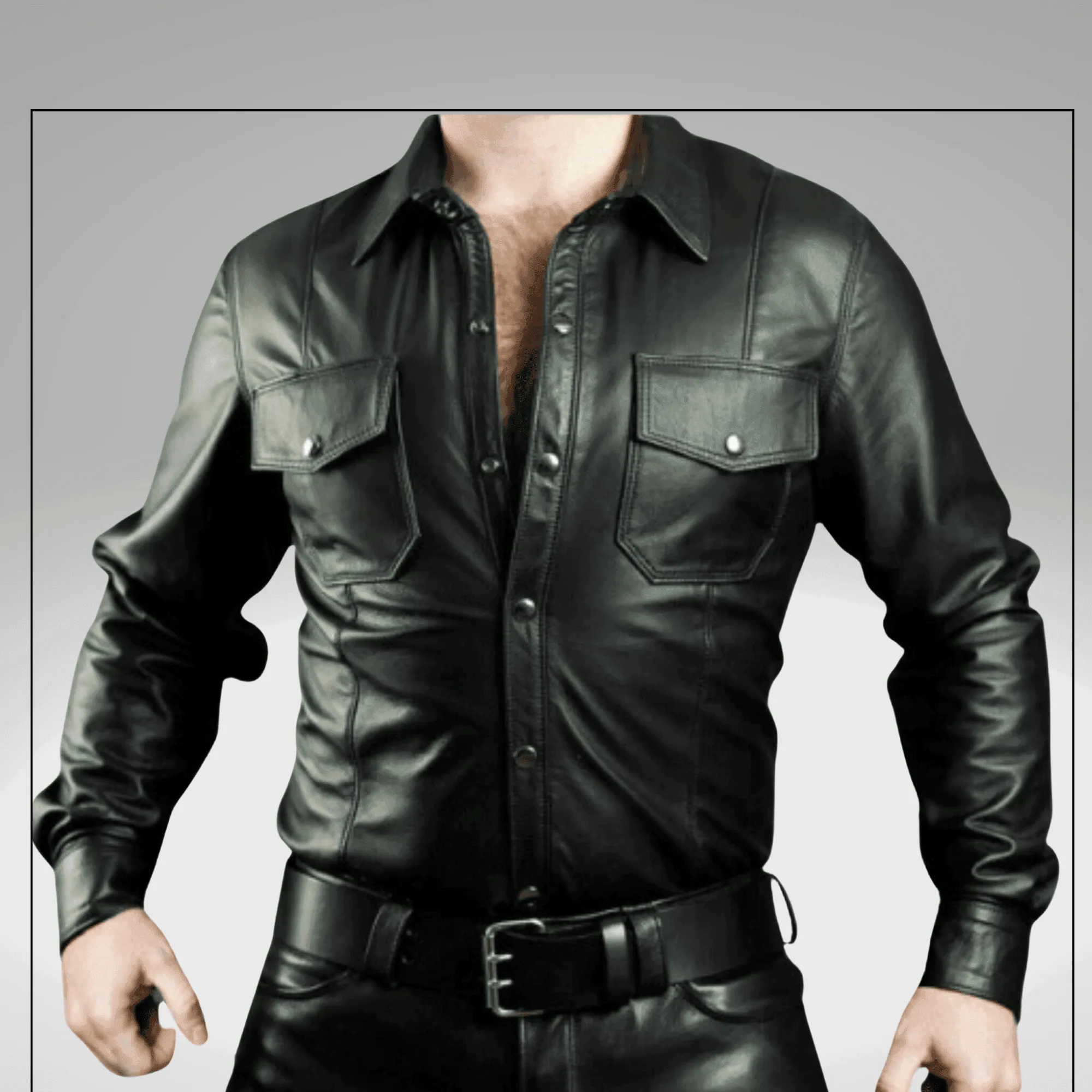 Mens Black Leather Long Sleeve Shirt with Leather Cargo Pants