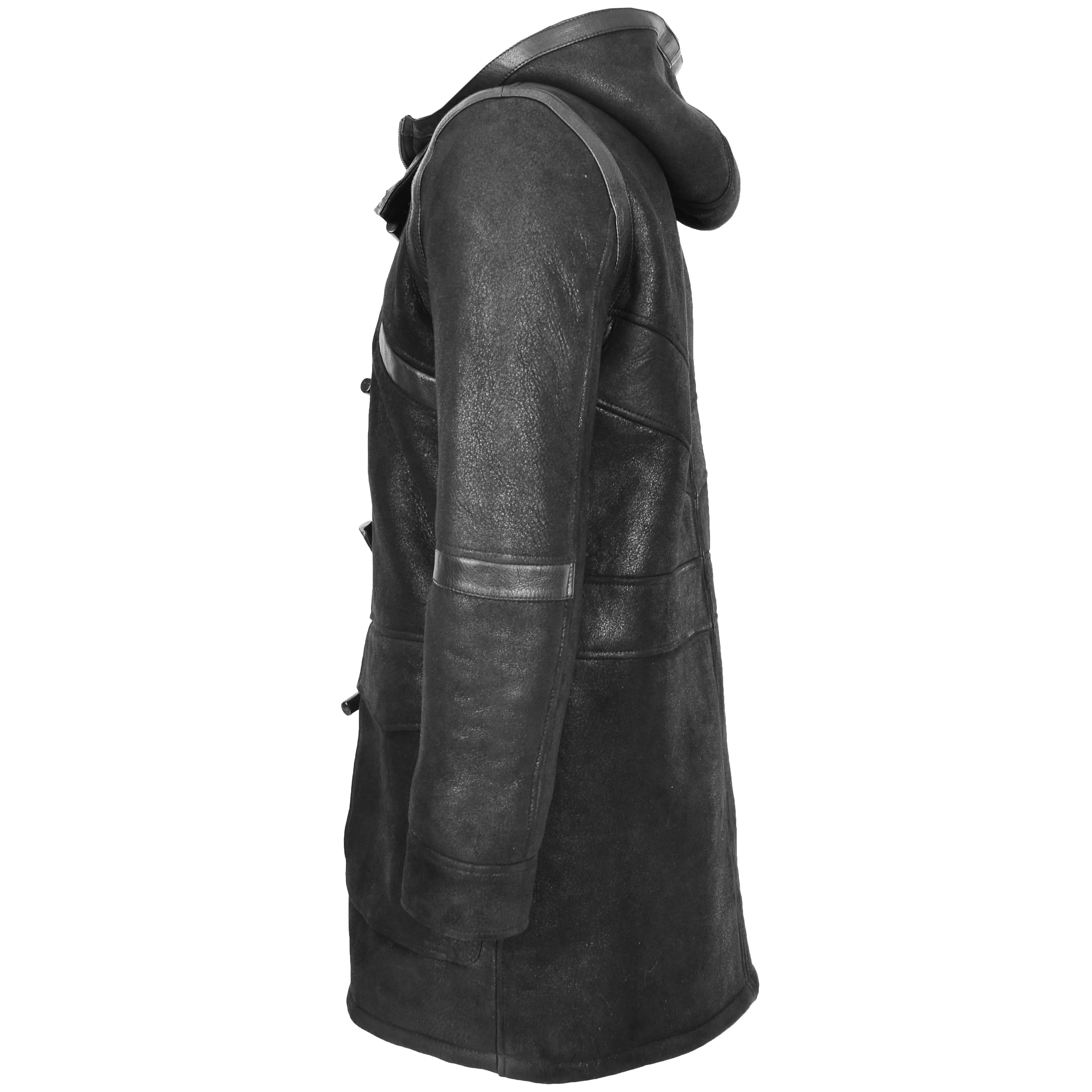 Mens Real Sheepskin Winter Duffle Coat Bain Black