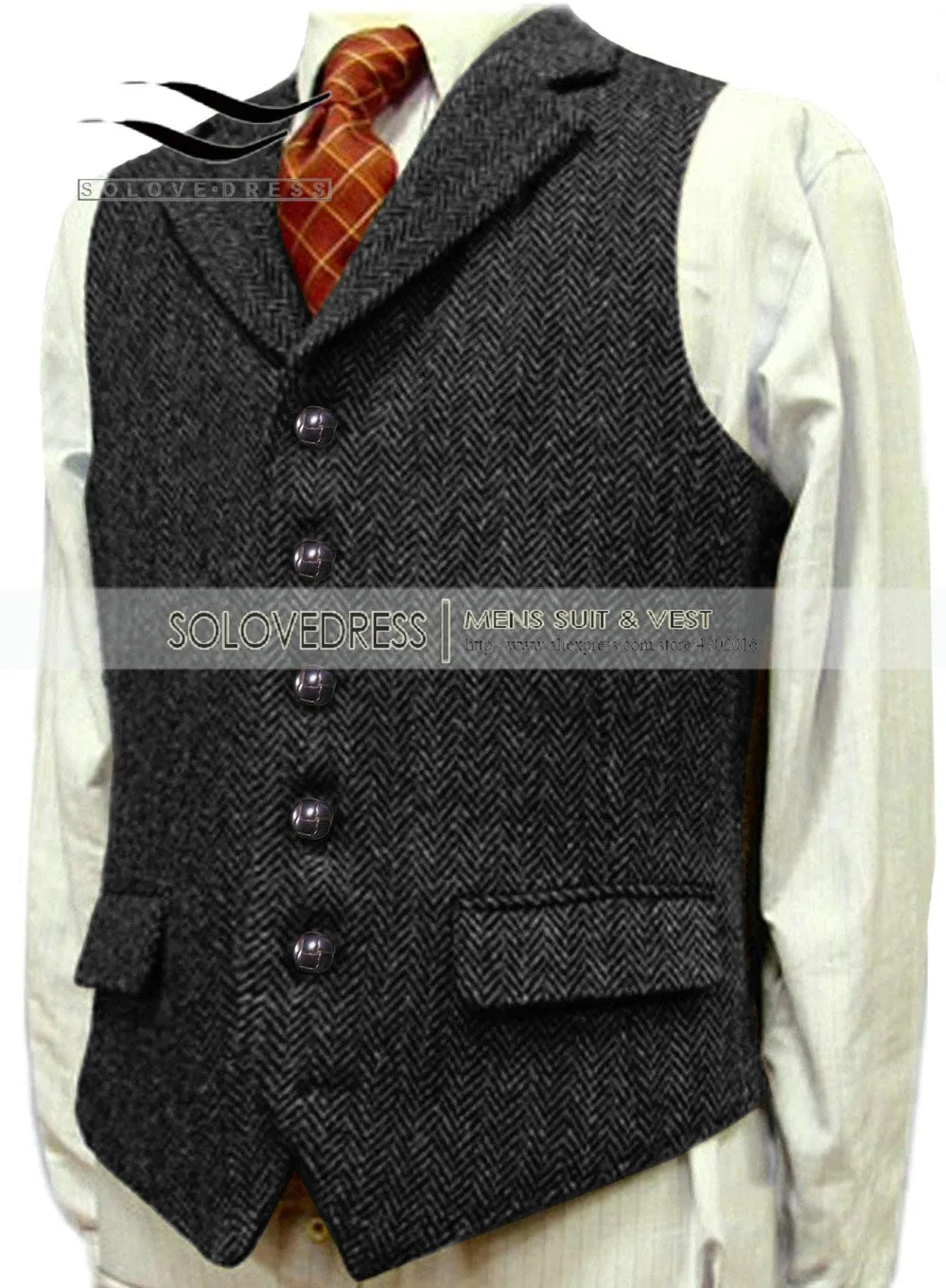 Men's Wool Tweed Slim Fit Leisure Cotton Burgundy Vest Gentleman Herringbone Business Brown Waistcoat Blazer For Wedding Groom