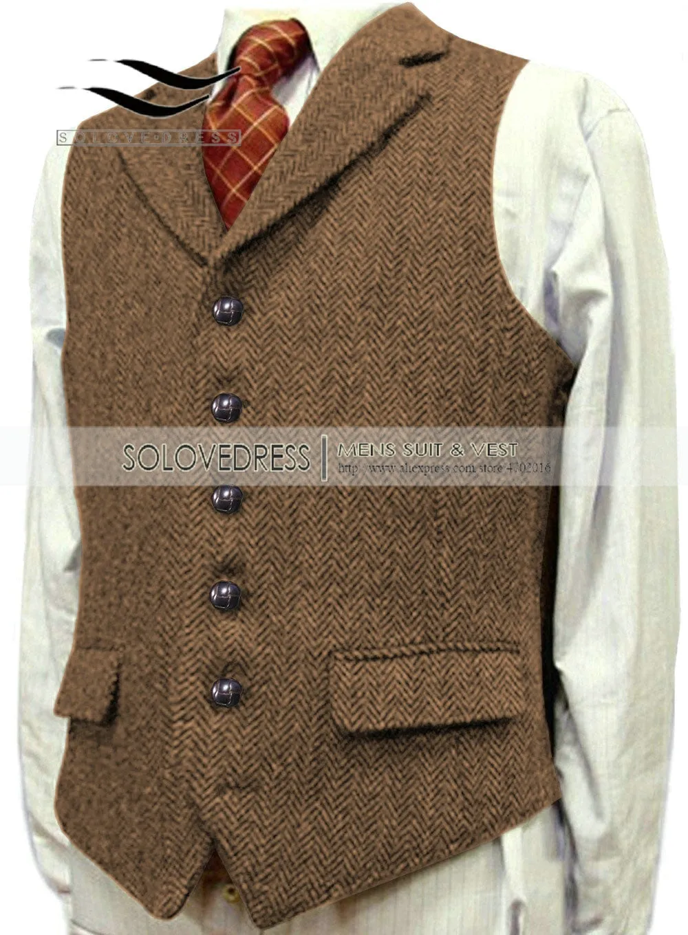 Men's Wool Tweed Slim Fit Leisure Cotton Burgundy Vest Gentleman Herringbone Business Brown Waistcoat Blazer For Wedding Groom