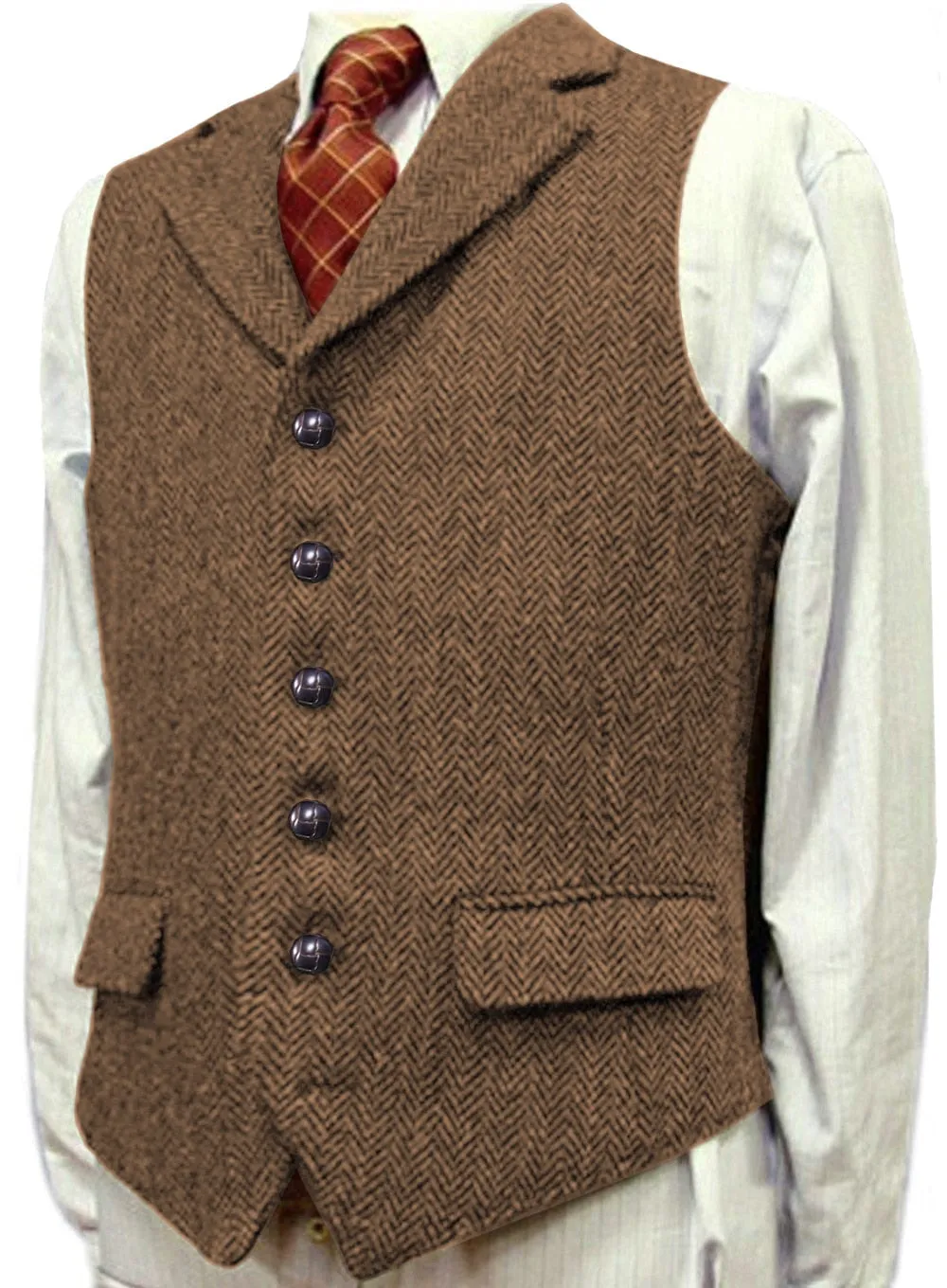 Men's Wool Tweed Slim Fit Leisure Cotton Burgundy Vest Gentleman Herringbone Business Brown Waistcoat Blazer For Wedding Groom