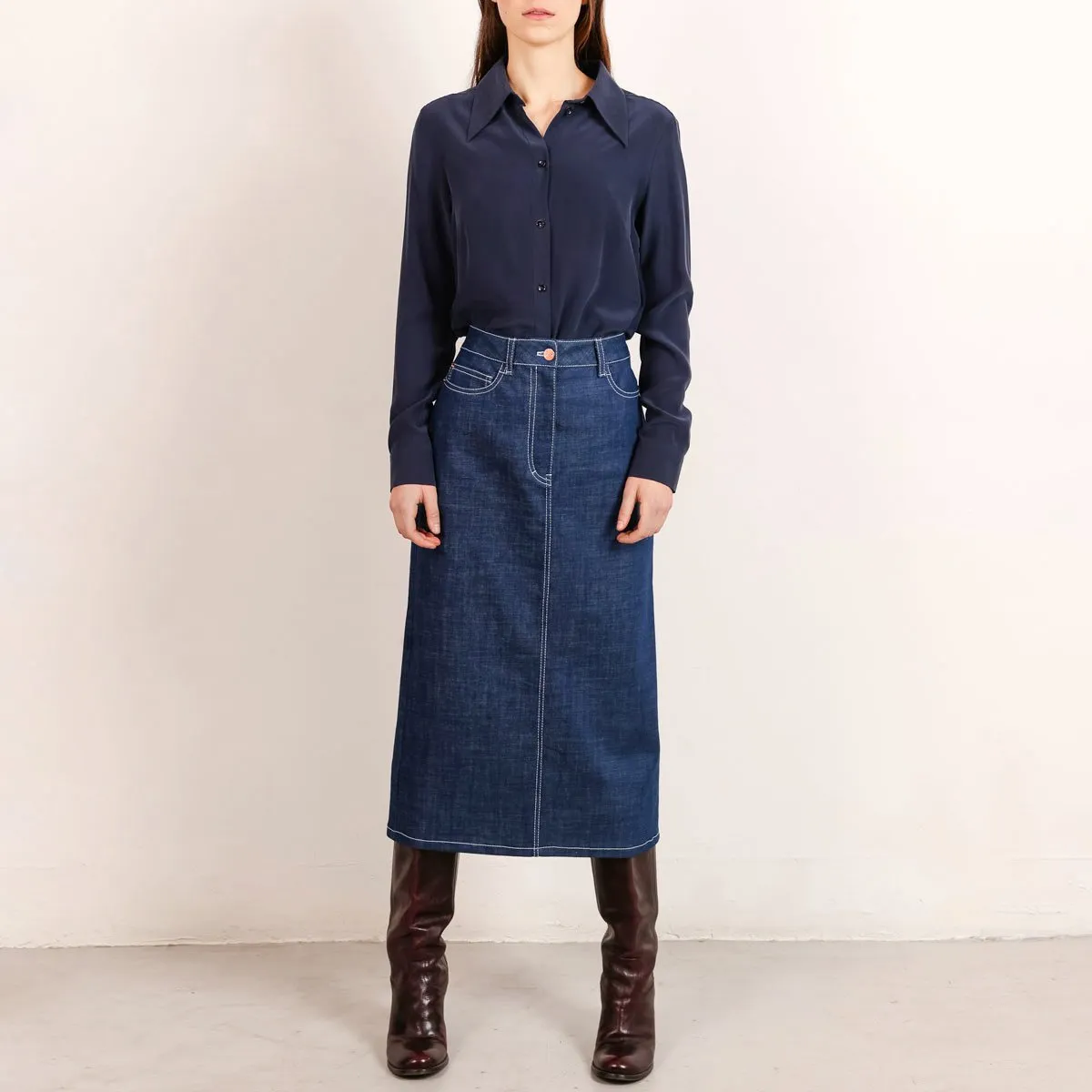 Midi Denim Skirt White Stitching Mid Blue