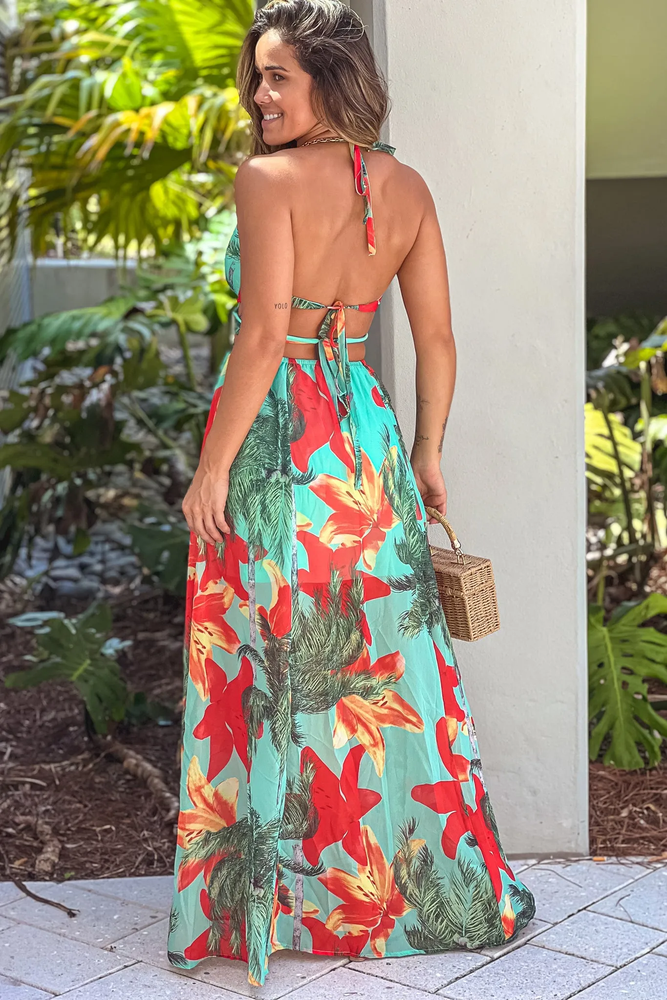 Mint Floral Chiffon Maxi Dress With Open Back