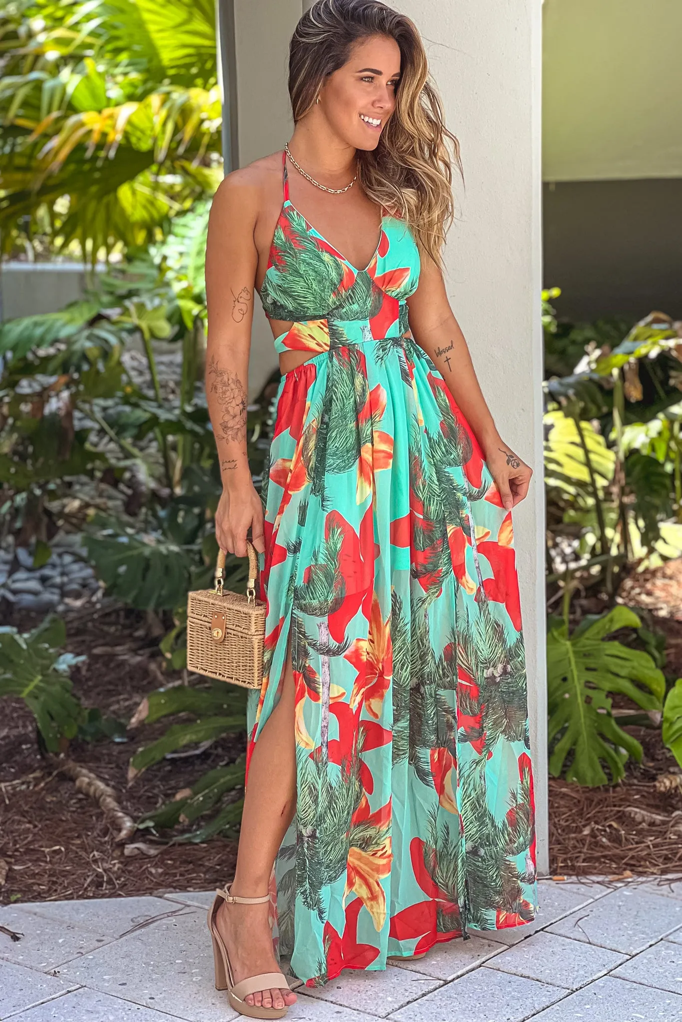 Mint Floral Chiffon Maxi Dress With Open Back