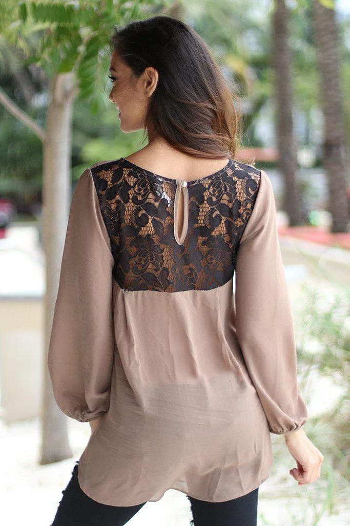 Mocha Chiffon Top With Lace Back