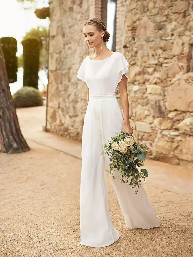 Modern Simple Wedding Dress Pants Jumpsuit Boho Beach Bridal Gowns