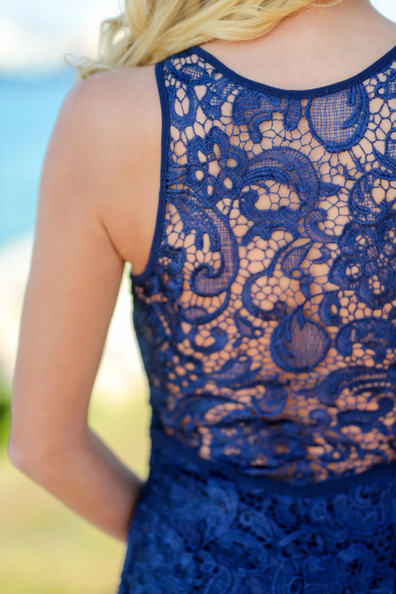 Navy Lace Maxi Dress with Front Slit