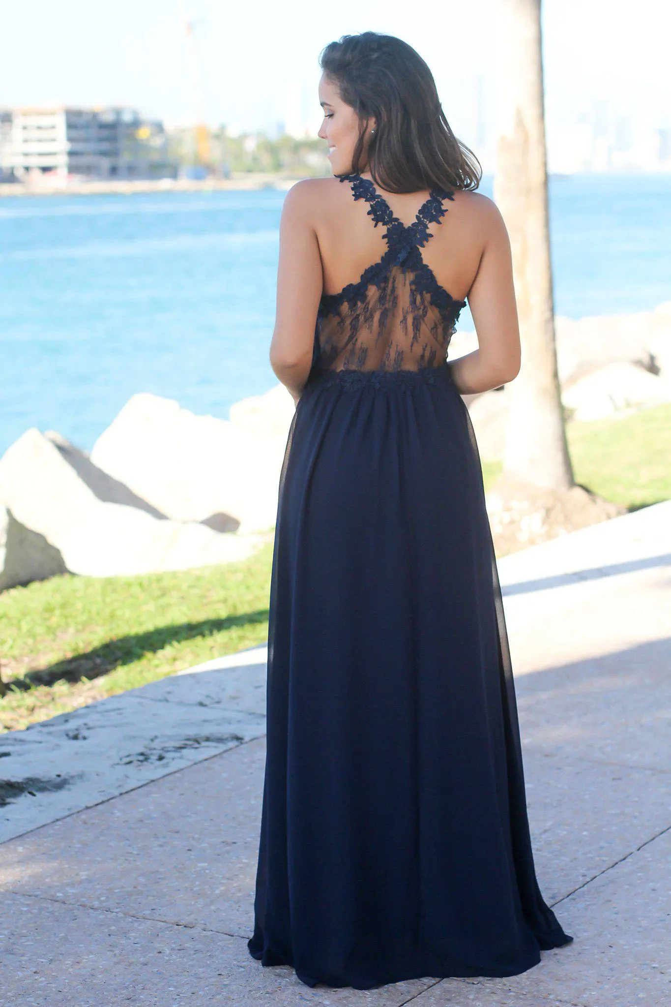 Navy Maxi Dress with Lace Top