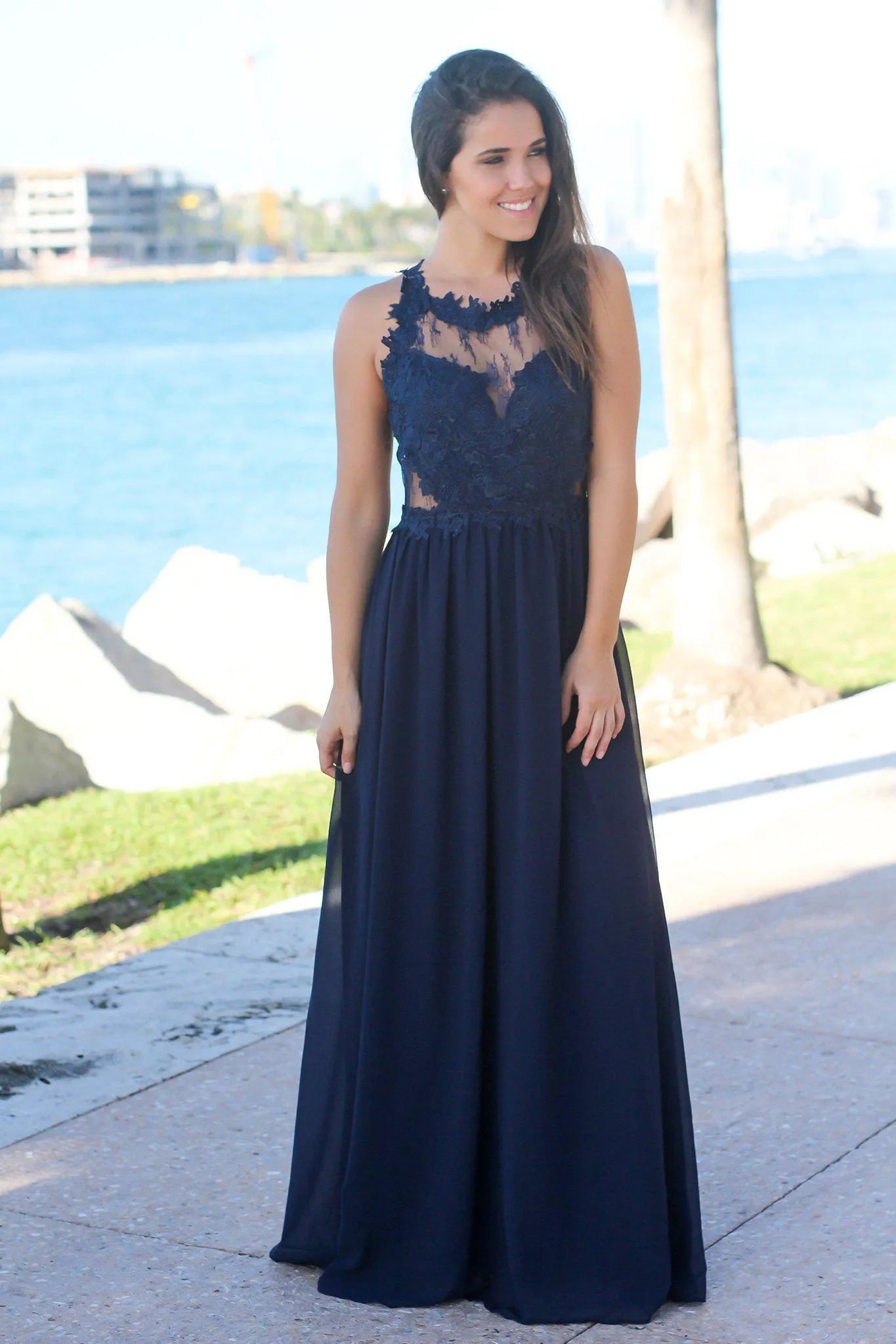 Navy Maxi Dress with Lace Top