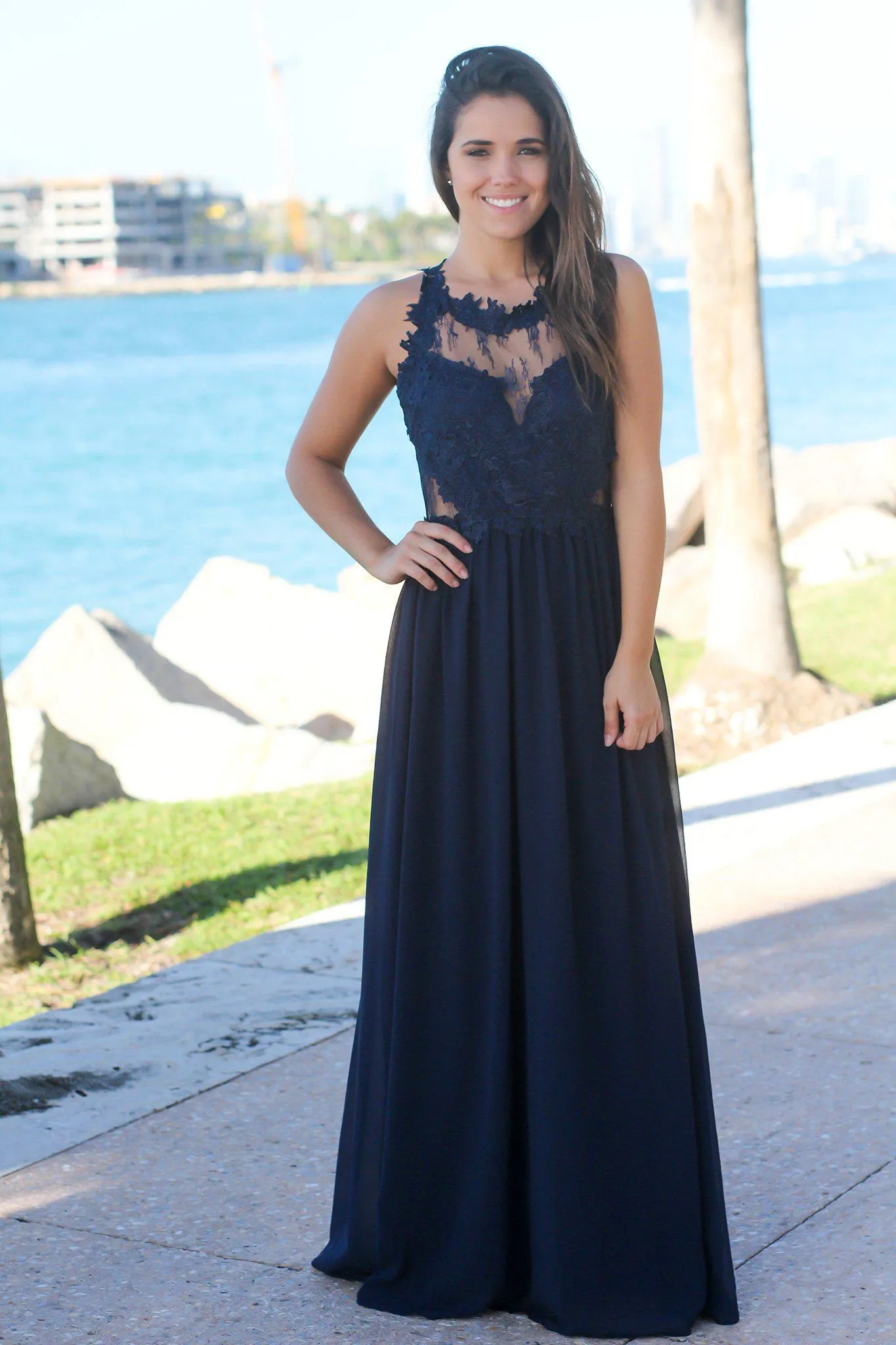 Navy Maxi Dress with Lace Top