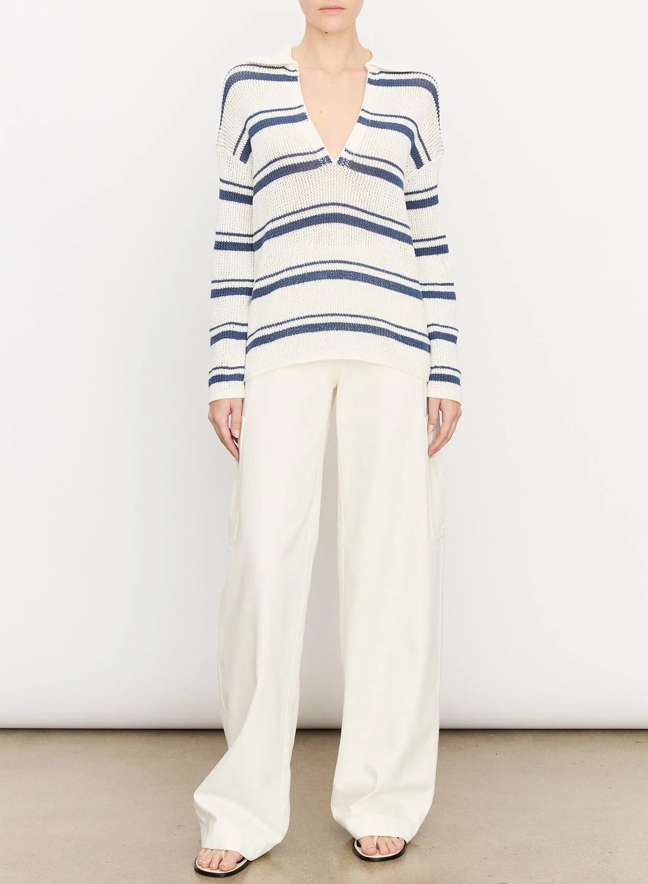 Navy/Off White Racked Ribbed V-Neck Stripe Cotton Pullover