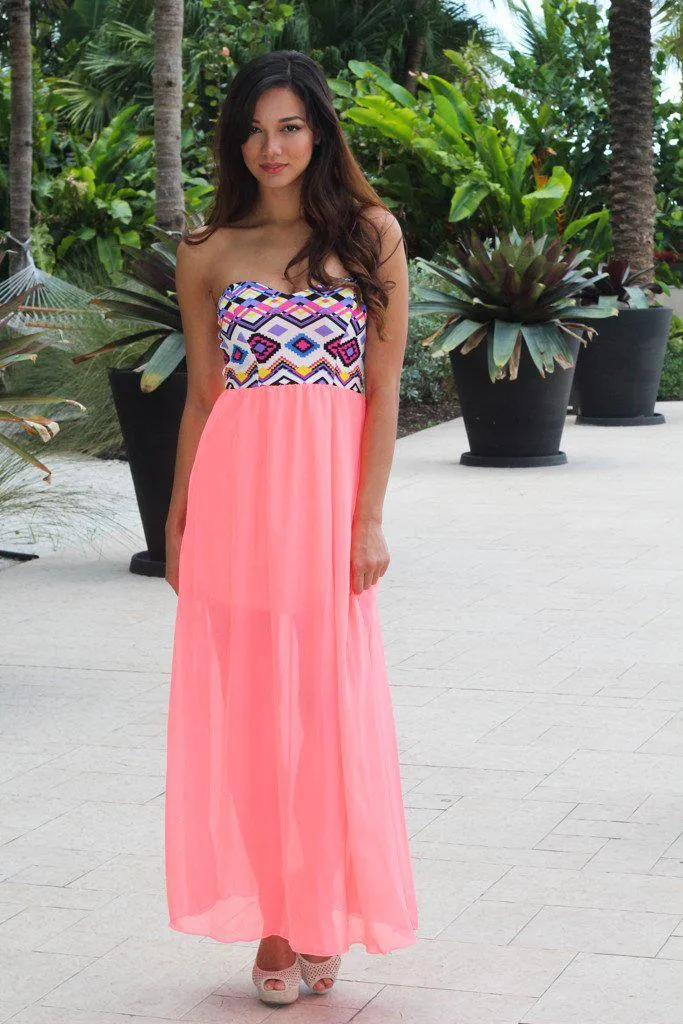 Neon Coral Maxi Dress With Aztec Top