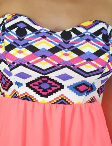 Neon Coral Maxi Dress With Aztec Top