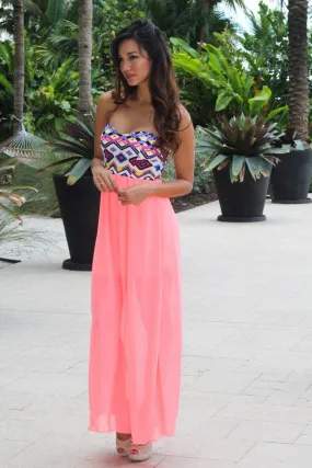 Neon Coral Maxi Dress With Aztec Top