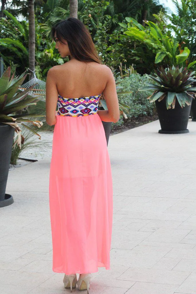 Neon Coral Maxi Dress With Aztec Top