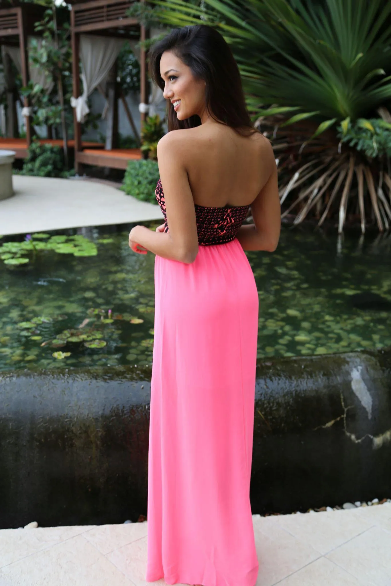 Neon Pink Maxi Dress With Printed Top