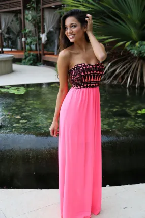 Neon Pink Maxi Dress With Printed Top