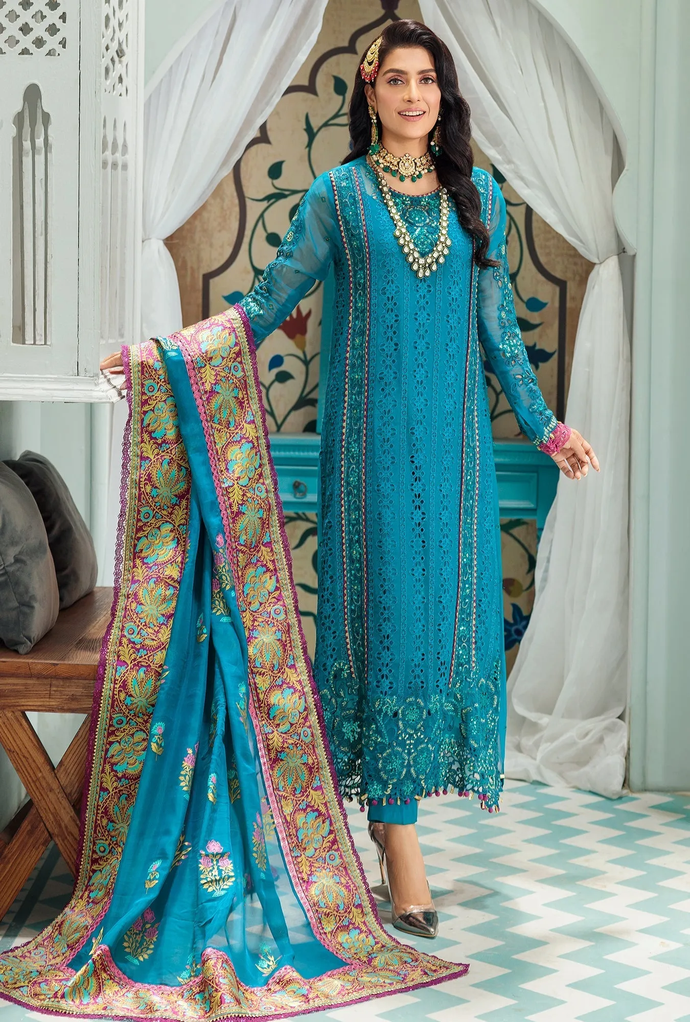 Noor by Saadia Asad · Chiffon Laserkari Collection  – D5-AEGEAN