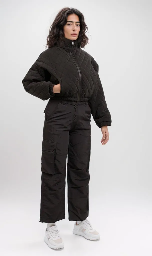 o198986-QUILTED BLACK JACKET WITH STAND COLLAR