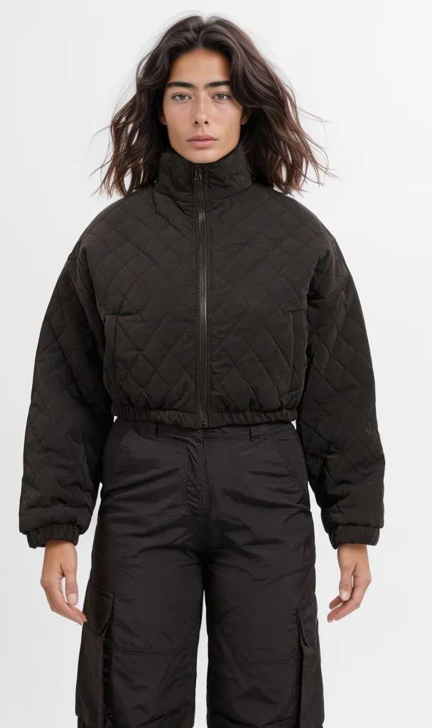 o198986-QUILTED BLACK JACKET WITH STAND COLLAR