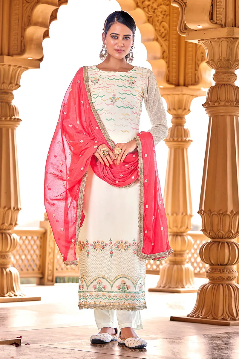 Off White Georgette Viscose Embroidered Salwar Suit