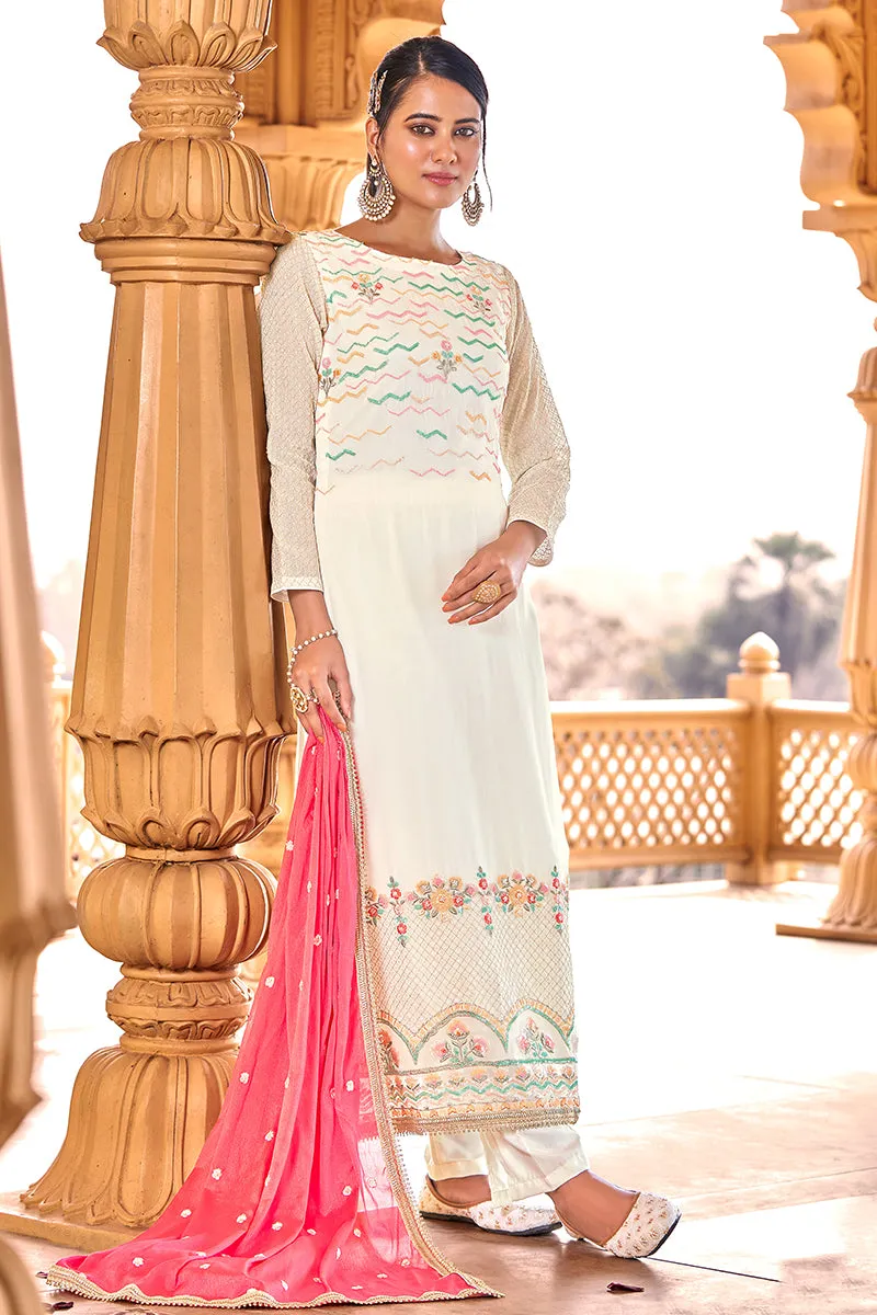 Off White Georgette Viscose Embroidered Salwar Suit