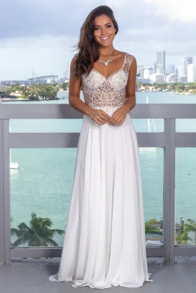 Off White Maxi Dress with Jewel Embroidered Top