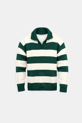 Old Money Green Color Block Striped Knitted Polo Pullover