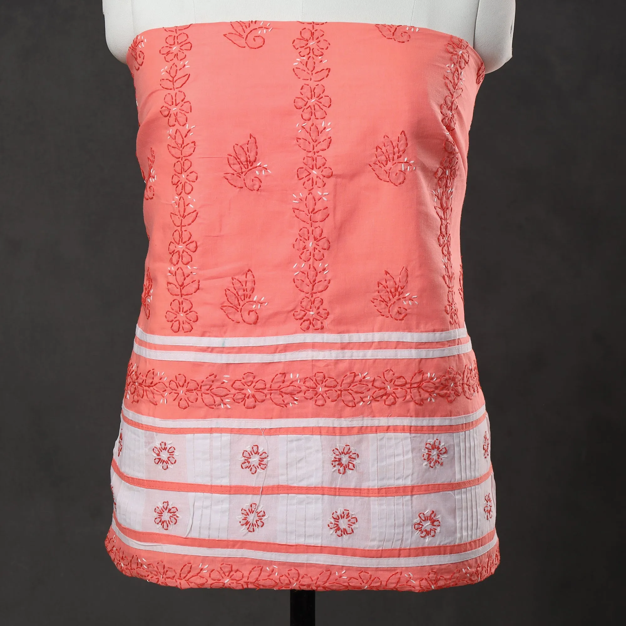 Peach - 3pc Lucknow Chikankari Hand Embroidery Cotton Suit Material Set 02