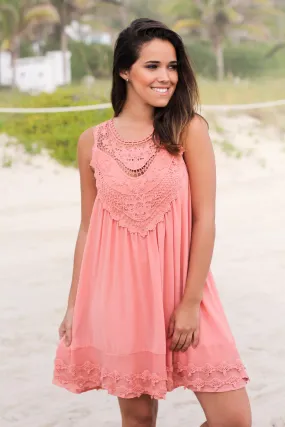 Peach Chiffon Crochet Short Dress